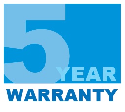 Blue "5 Year Warranty" graphic with large numeral five and text.