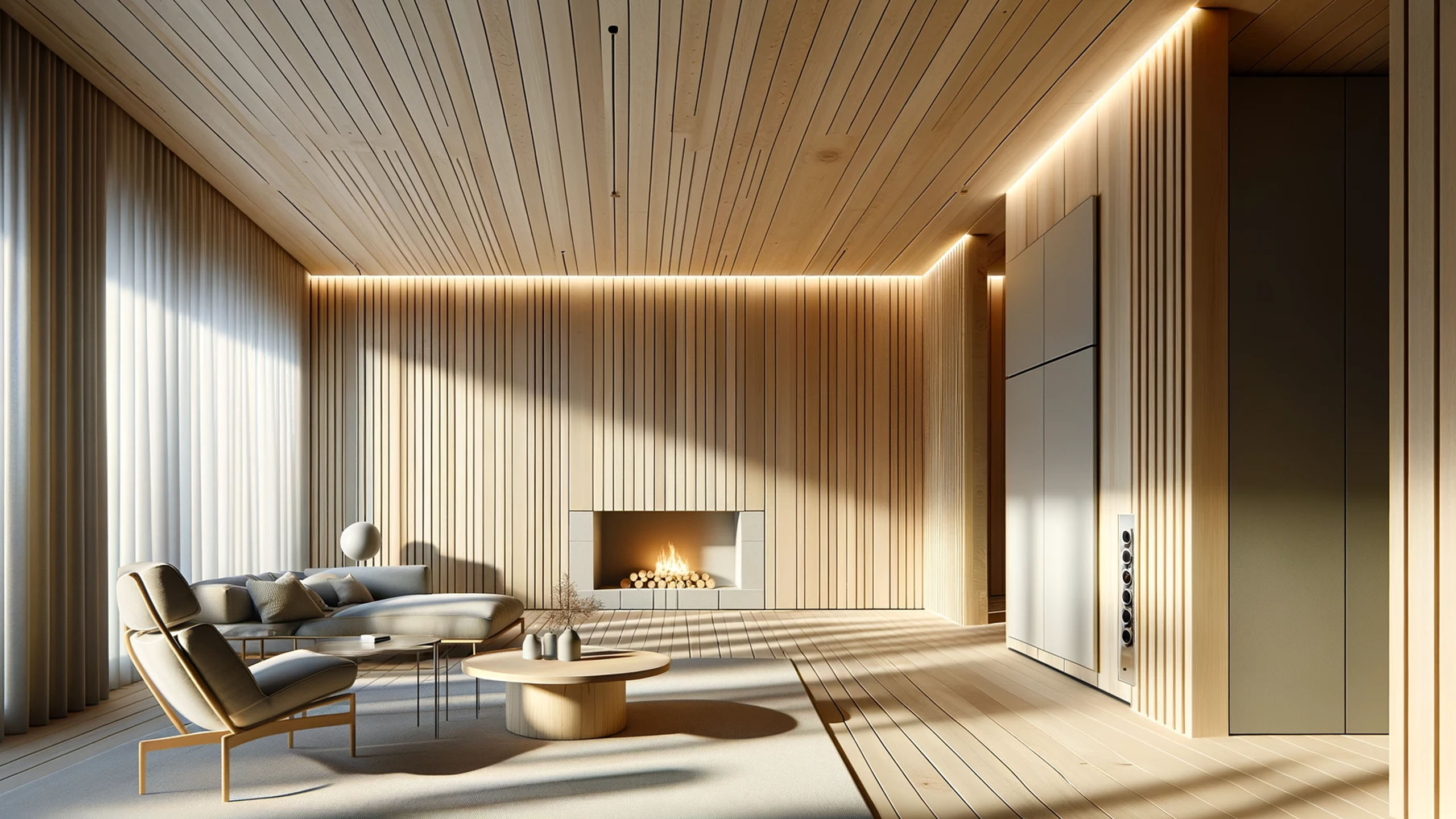 Minimalist living room with wooden walls and ceiling, modern furniture, and a built-in fireplace. Natural light filters through large windows.