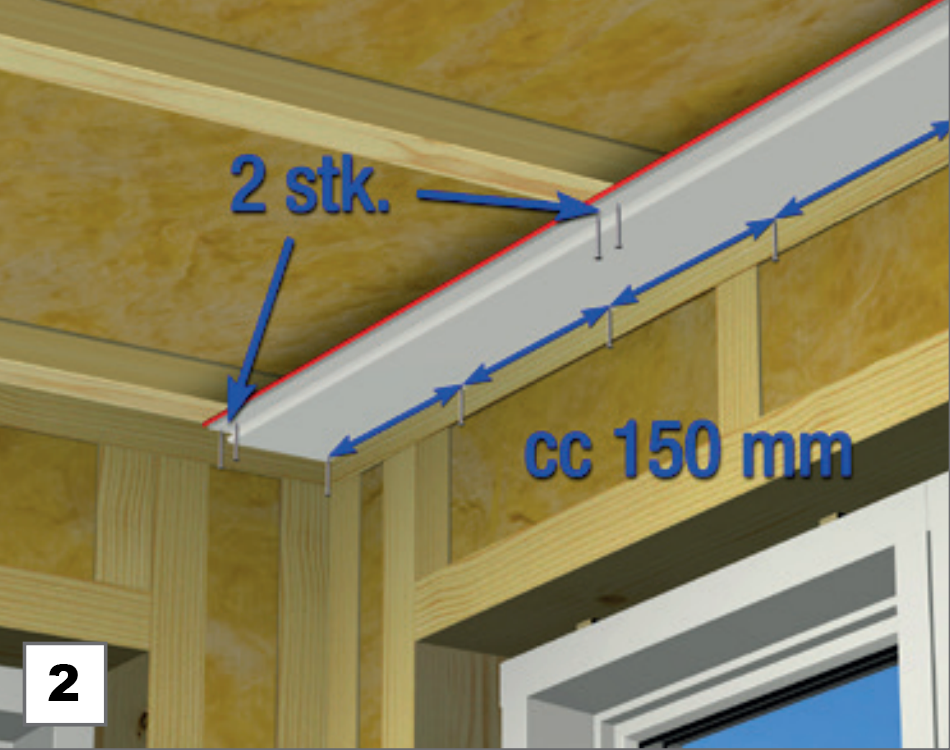 ceiling installation guide showing placement of a beam with two nails, spaced at 150 mm, against insulated wood framing above a window.