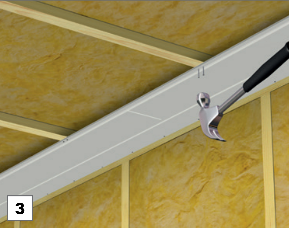 a hammer is used to install a metal channel on a ceiling with insulation.