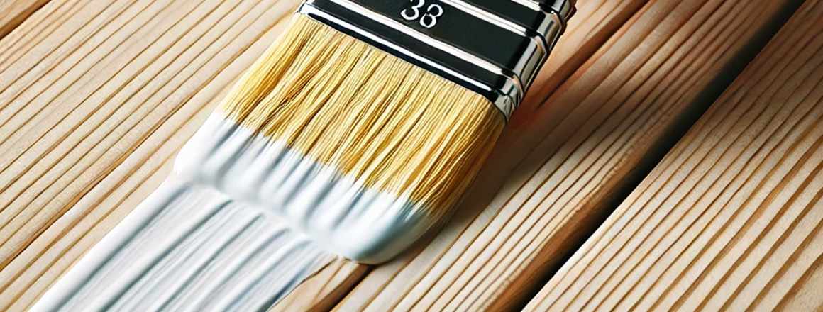 A paintbrush with cream bristles is applying white paint on wooden planks.