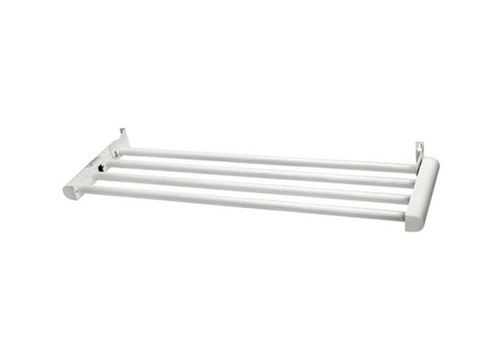 wall mounted white towel rack with four horizontal bars.